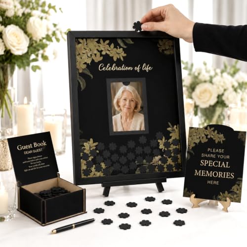 Geelin 56 Pcs Funeral Guest Book Alternatives Set for Memorial Service Elegant Celebration of Life in Loving Memory with 80 Pcs Box Heart Wooden Sign and Pens Funeral Supplies(Black) - color: Black