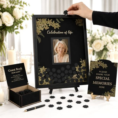 Geelin 56 Pcs Funeral Guest Book Alternatives Set for Memorial Service Elegant Celebration of Life in Loving Memory with 80 Pcs Box Heart Wooden Sign and Pens Funeral Supplies(Black) - color: Black