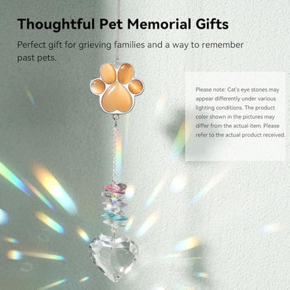 Dog Memorial Gifts, Pet Memorial Suncatcher, Loss of Dog Sympathy Gift | Thoughtful Dogs and Cats Bereavement Remembrance Gifts, Natural Cat's Eye Stone Paw Crystal Suncatcher - color: Orange Red