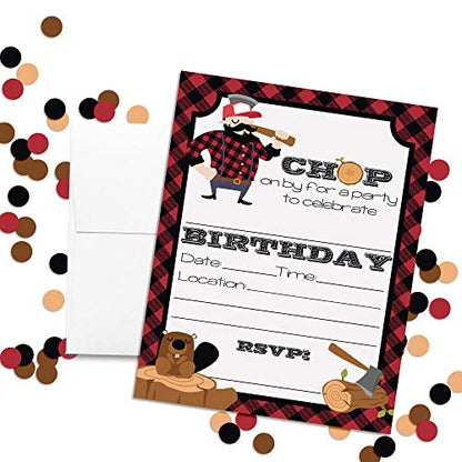 Lumberjack Chop On By Themed Birthday Party Invitations, 20 5x7 Fill In Cards with Twenty White Envelopes by AmandaCreation - style: Lumberjack Chop On By