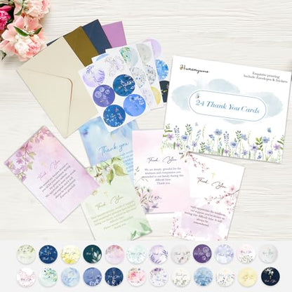 Funeral Thank You Cards, 24 Pack, Watercolor Floral with Gold Cross, 4x6 in | 300g card stock, no bleed-through, 24 cards with envelopes and stickers, pre-printed messages, for Memorial Service Gratitude
