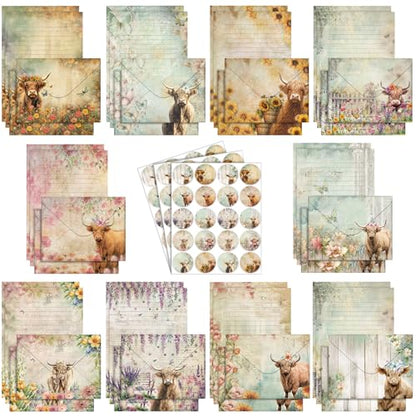 TaoBary 160 Pcs Floral Highland Cow Stationery Paper and Envelopes Set | 5.5 x 8.25'' Letter Writing Kit, 50 Double Sided Stationery Writing Papers 50 Matching Envelopes 60 Round Dot Sticker - size: 5.5 x 8.25 Inch, style: Floral Highland Cow