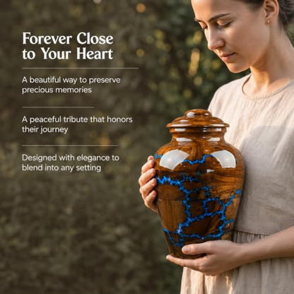 Handcrafted Rosewood Cremation Urn for Human Ashes – 50 Cubic Inches Funeral Memorial Urn for Adult Women & Men, Elegant Wooden Memorial Ashes Urn with Blue Resin Inlay, Funeral Urn for Loved Ones - size: STANDARD 50 Cu inch