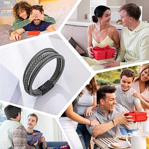 Mens Leather Bracelet with Clasp Cowhide Multi-Layer Braided Leather Mens Bracelet - style: Dim Grey&Black Clasp 8.5