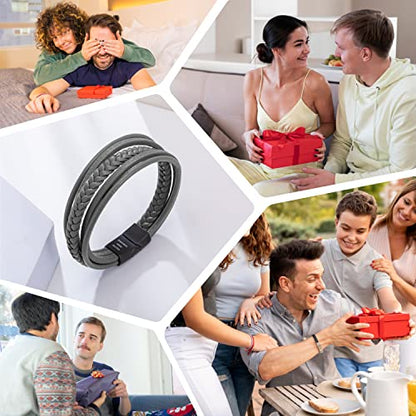 Mens Leather Bracelet with Clasp Cowhide Multi-Layer Braided Leather Mens Bracelet - style: Dim Grey&Black Clasp 8.5