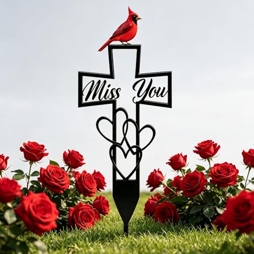 2 Pcs Metal Cemetery Memorial Plaque for Remembrance,Metal Cemetery Plaque with Cross & "Miss You" Heart,Cardinals Memorial Grave Markers,Outdoor Ground Stake for Cemetery, Garden,Memorial Tribute 6x12 Inch
