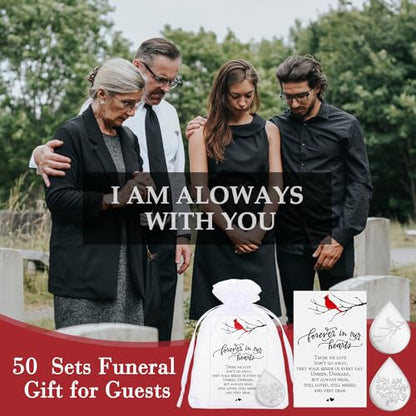 Ctosree 50 Set Funeral Gifts Celebration of Life Decorations Idea Mini Tear Shaped Memorial Ornament Pocket Token Cardinal Funeral Prayer Cards and Organza Bags Favors for Guests