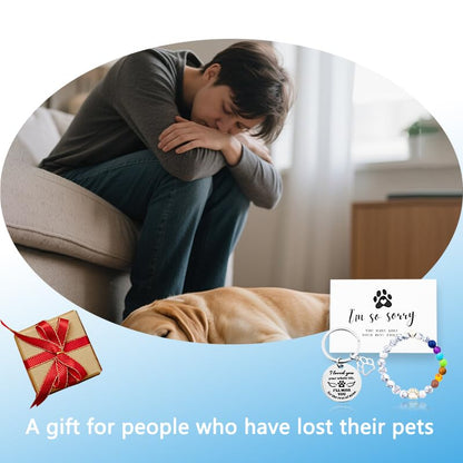 Pet Memorial Gifts Rainbow Bridge Bead Bracelet for Pet Loss Sympathy Gift Card Dog Memorial Keychain for Women Men Bereavement Gifts for Dogs Cats 8MM 7 Chakra Bracelet for Pet Lovers Gift Set