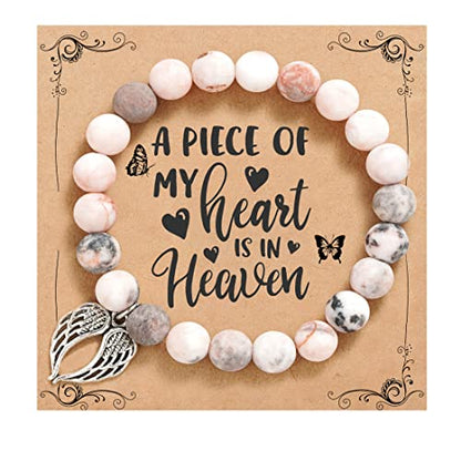 QWNHONEY Memorial Gifts for Loss of Loved Sympathy Remembrance In Memory of Mother Father Pet Bereavement Grief Pink Red Beads Bracelet with Angle Wings Jewelry Gifts for Women - style: Pink-Wings-A piece of my heart is in Heaven