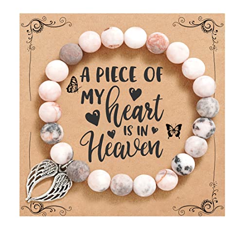 QWNHONEY Memorial Gifts for Loss of Loved Sympathy Remembrance In Memory of Mother Father Pet Bereavement Grief Pink Red Beads Bracelet with Angle Wings Jewelry Gifts for Women - style: Pink-Wings-A piece of my heart is in Heaven