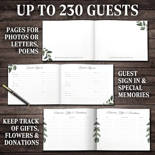 Premium Quality Gold Stamping Matt Hard Cover Funeral Guest Book, Celebration of Life Guest Book 96 Pages 120GSM Quality Paper W/Photo Cut Out, Table Sign and Elegant Black Pen Included