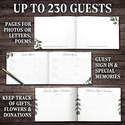 Premium Quality Gold Stamping Matt Hard Cover Funeral Guest Book, Celebration of Life Guest Book 96 Pages 120GSM Quality Paper W/Photo Cut Out, Table Sign and Elegant Black Pen Included