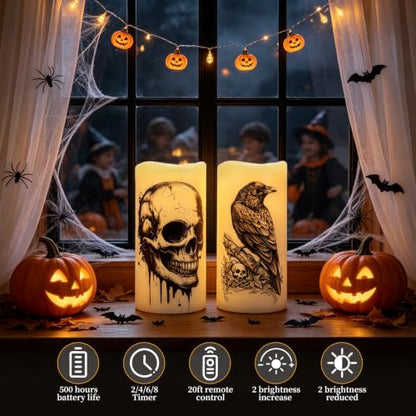 Amagic 3"x6" Halloween Flameless Candles, Waterproof LED Pillar Candles - color: Skeleton + Raven, size: 2 Pack, D3"xH6"