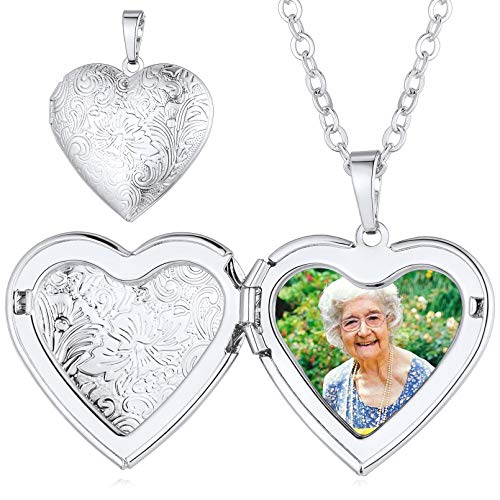 Custom4U Personalized Heart Locket Necklace with Pictures,Sunflower/Angel Wings/Heart Shaped Lockets Custom Photo,Gold/Rose Gold/White Lockets That Holds Picture,Customized Memorial Jewelry for Women - color: A-Heart-Steel(Locket + Photo)