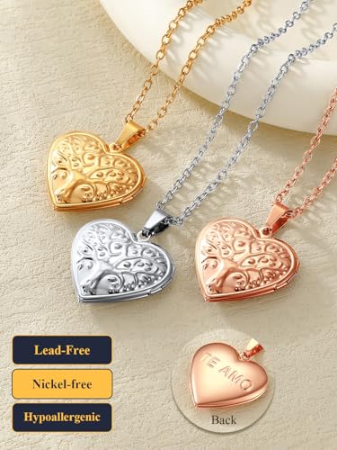 U7 Women Locket Necklace, Heart Photo Lockets Hold Picture, Gift Box Packed - color: 04# Rose Gold(Tree)