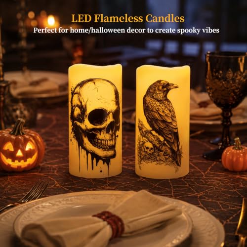 Amagic 3"x6" Halloween Flameless Candles, Waterproof LED Pillar Candles - color: Skeleton + Raven, size: 2 Pack, D3"xH6"