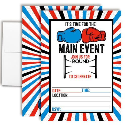 Amanda Creation Boxing Birthday Invitations, 20 Pack 5x7 Fill-In Cards with Envelopes, Boxing Party Invitations, Ringside Sports Design - style: Boxing