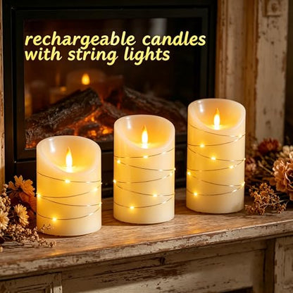 Rechargeable LED Candles, Real Wax, 4 5 6 in, Ivory, 3 Pack | USB rechargeable real wax candles with remote, timer and star lights - color: Ivory White