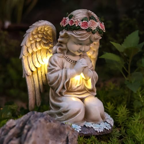 Solar Garden Outdoor Statues Lights, Resin Angel Figurine Light for Patio, Balcony, Yard, Lawn Ornament, Unique Housewarming Gifts and Yard Decor