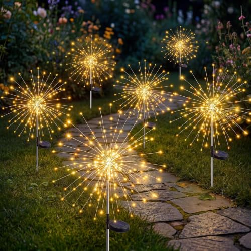 Solar Firework Lights, 6 Pack 120 LEDs 8 Lighting Modes Solar Fairy Garden Lights Outdoor Waterproof for Yard Patio Walkway Pathway Party Wedding Balcony Decorative- Warm White - color: Warm White, size: 6 Pack