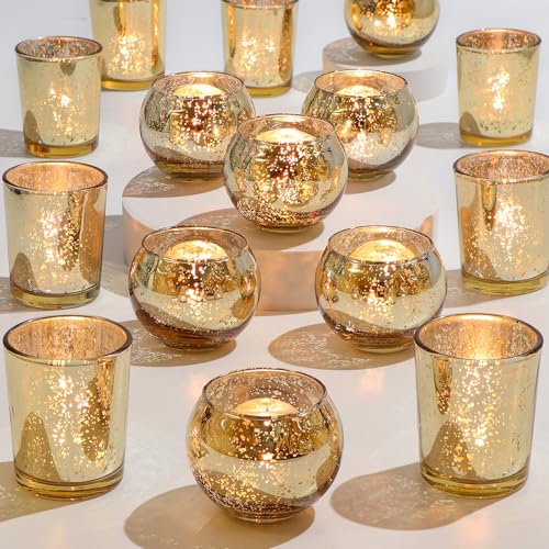 6 Pcs Assorted Gold Votive Candle Holders, Mercury Glass Tea Lights Holder