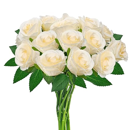 12PCS Champagne Artificial Roses with Long Stems, Silk Faux Flowers | realistic champagne silk roses with flexible stems for DIY bouquets, centerpieces, weddings and home décor. - color: Champagne