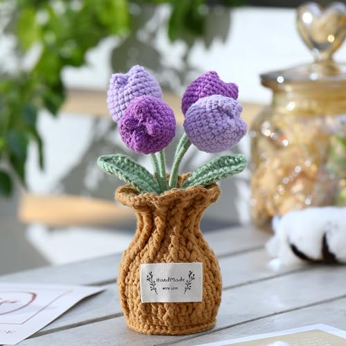 Tulip Crochet Flower Potted Plant Handmade Desk Decor Gift - color: D-tulip-purple