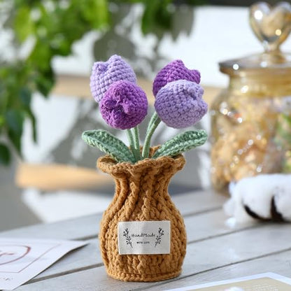 Tulip Crochet Flower Potted Plant Handmade Desk Decor Gift - color: D-tulip-purple