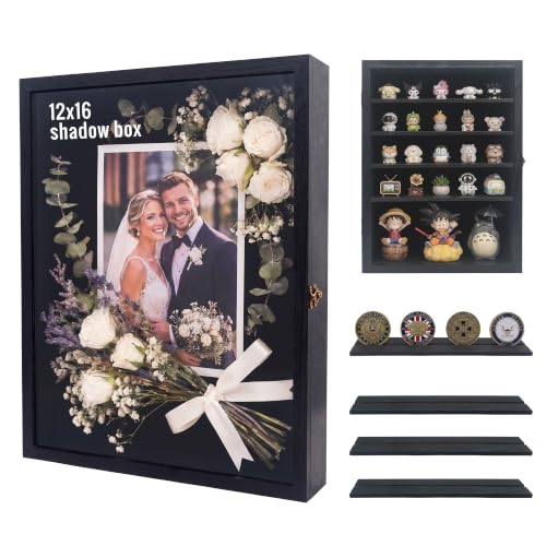 GMFrames 12x16 Wooden Shadow Box Frame with Removable Shelves Deep Display Case for Military Medals Keepsakes Black - color: Black, size: 12x16