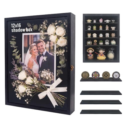 GMFrames 12x16 Wooden Shadow Box Frame with Removable Shelves Deep Display Case for Military Medals Keepsakes Black - color: Black, size: 12x16