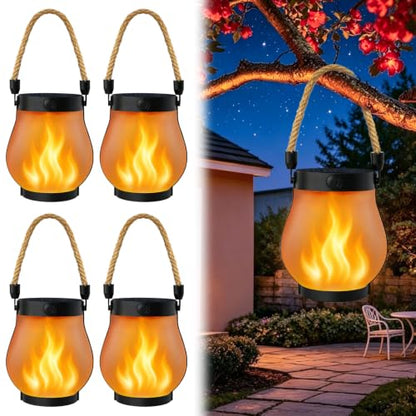 4 Pack Solar Lanterns Outdoor Waterproof, Solar Flame Lanterns with 2 Modes | Ultra-Real Flame, USB/Solar Charging, IP65 Waterproof, Hanging/Table Solar Lights Outdoor for Tree Garden Porch Yard Patio - size: 4 Pack
