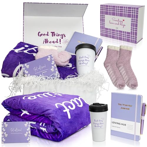 Chemo Care Package, Cancer Care Gifts for Women with Blanket, Socks, Journal, Tumbler (Purple) - color: Purple