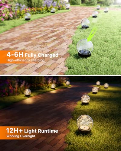 4 Pack 4.72" Warm White Solar Powered Cracked Glass Globe LED Light | Outside Waterproof Decorative Table Ball Lamps, for Garden, Step, Yard, Deck, Pathway, Backyard Decoration Easy to Install - size: 4.72 Inch