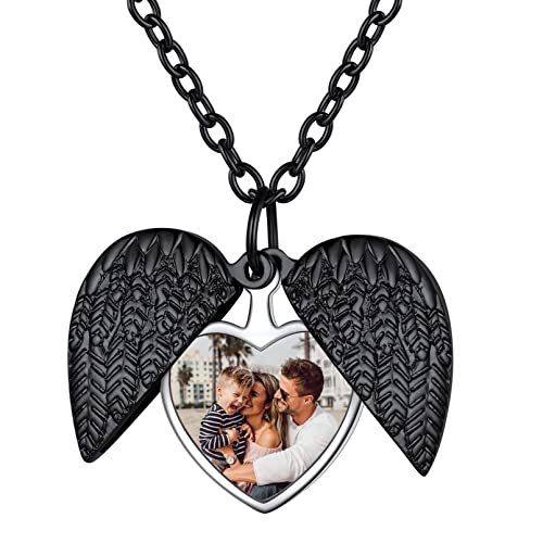 Custom4U Personalized Heart Locket Necklace with Pictures,Sunflower/Angel Wings/Heart Shaped Lockets Custom Photo,Gold/Rose Gold/White Lockets That Holds Picture,Customized Memorial Jewelry for Women - color: C-Angel Wings-Black(Locket + Photo + Engraving