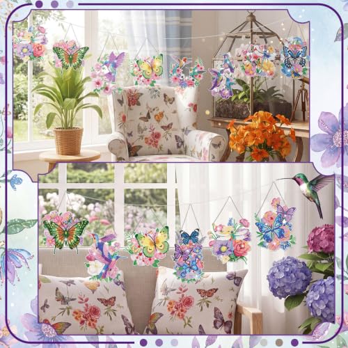 Cinnvoice Seasonal Diamond Art Hanging Kit,12 Pcs,Fluttering Garden | Hummingbird Butterfly,Holiday Diamond Art Wreath, Month Diamond Hanging Ornaments,Suncatcher, for Door Window Wall - style: Fluttering Garden