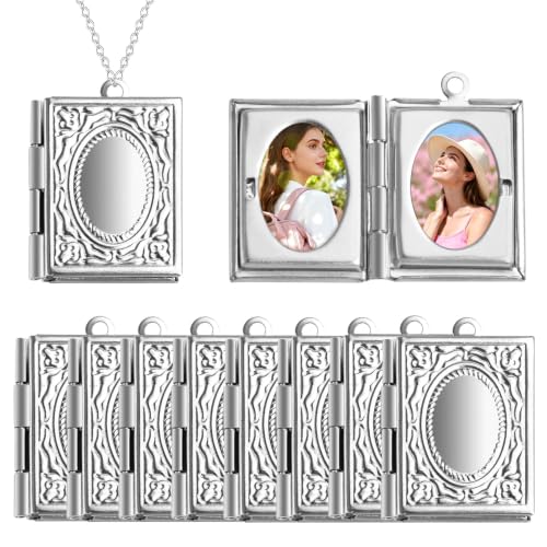 Framendino, 10 Pack Silver Rectangle Photo Frame Charms Stainless Steel Locket Memory Pendants for DIY Necklace Jewelry Making