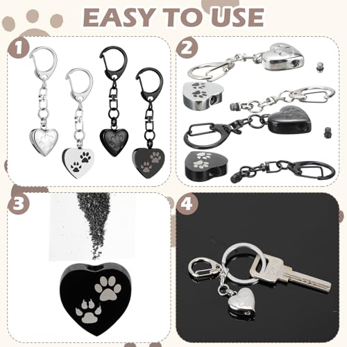 Tondiamo 4 Pcs Pet Urn Keychain for Dog Ashes Heart Shaped Dog Ashes Keychain Stainless Steel Pet Ashes Keepsake Paw Print Memorial Urn for Cat Puppy Loss of Sympathy Gifts Cremation Jewelry