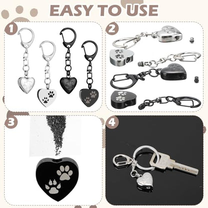 Tondiamo 4 Pcs Pet Urn Keychain for Dog Ashes Heart Shaped Dog Ashes Keychain Stainless Steel Pet Ashes Keepsake Paw Print Memorial Urn for Cat Puppy Loss of Sympathy Gifts Cremation Jewelry