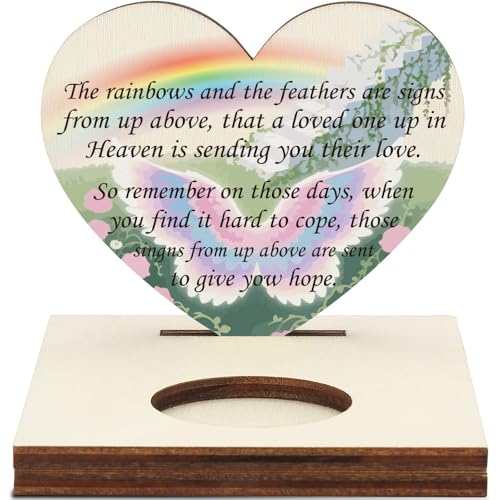 Memorial Tealight Candle Holder with Rainbow & Feather Poem, Heart-Shaped Remembrance Plaque, Sympathy Bereavement Gift for Loved Ones, LMM11 - color: Rainbow & Feather