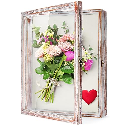 TJ.MOREE Shadow Box 13x16 Memory Display Case Wood Picture Frame White Pink | Fits 12x15.6 Inserts with Linen Back Rustic Keepsake Box with Glass for Memorabilia Bridal Shower Wedding Gifts - color: White Pink, size: 13x16