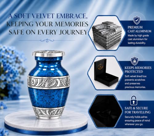 Small Urns for Human Ashes – Blue Keepsake Cremation Urns – Handcrafted Mini Urns for Ashes – Premium Aluminum – Holds 3 Cubic Inches of Ashes – Secure Threaded Lid – for Men & Women - size: Blue Small