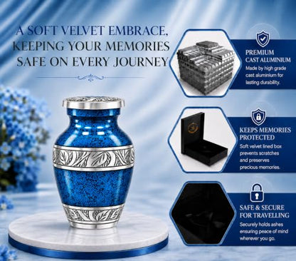 Small Urns for Human Ashes – Blue Keepsake Cremation Urns – Handcrafted Mini Urns for Ashes – Premium Aluminum – Holds 3 Cubic Inches of Ashes – Secure Threaded Lid – for Men & Women - size: Blue Small