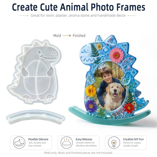Animal Seesaw Photo Frame Resin Molds Set, 3Pcs Resin Picture Frame Molds, Cartoon Cat, Dog & Dinosaur Shapes Epoxy Casting Mold with Stand Mold for DIY Desktop Picture Frame, Keepsake Craft Kit - color: 3pcs Animal Photo Frame Molds