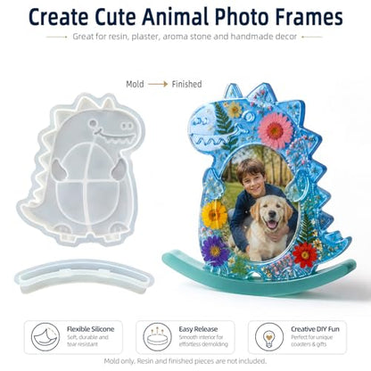 Animal Seesaw Photo Frame Resin Molds Set, 3Pcs Resin Picture Frame Molds, Cartoon Cat, Dog & Dinosaur Shapes Epoxy Casting Mold with Stand Mold for DIY Desktop Picture Frame, Keepsake Craft Kit - color: 3pcs Animal Photo Frame Molds