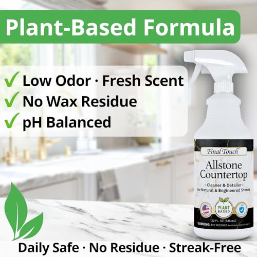 Final Touch AllStone Countertop Cleaner – Plant-Based Stone Safe Cleaning Spray with Scrub Brush – Daily Use Cleaner for Granite, Quartz, Marble, Kitchen Counters – Streak-Free Detail Clean