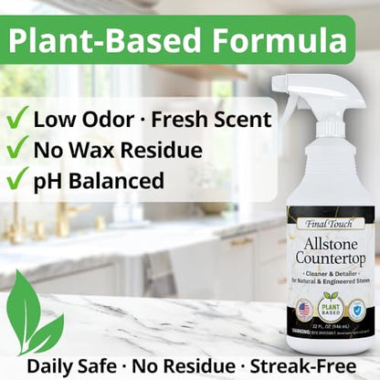 Final Touch AllStone Countertop Cleaner – Plant-Based Stone Safe Cleaning Spray with Scrub Brush – Daily Use Cleaner for Granite, Quartz, Marble, Kitchen Counters – Streak-Free Detail Clean