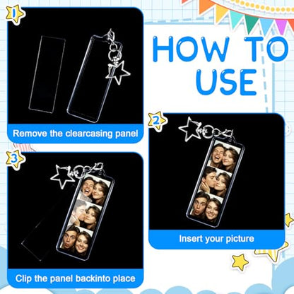 MTLEE 12 Pcs Mini Photo Strip Keychain Frame 1x3 Inch Acrylic Photo Booth Keychain Double Sided Keyring Blank DIY Custom Gift - style: Star Clasp