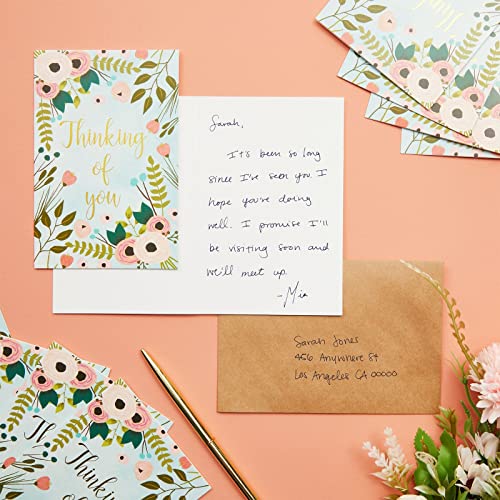 BEST PAPER GREETINGS 48 Pack Thinking of You Cards Bulk with Brown Envelopes, Gold Foil and Floral Design (4x6 In) - Thinking of You Cards with Envelopes