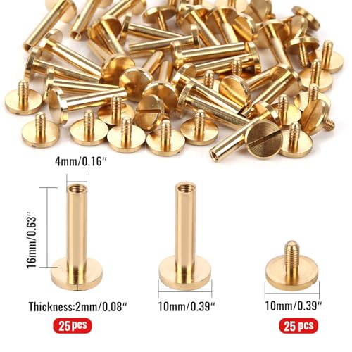 Brass Chicago Binding Screws -4mm x 16mm Binding Posts -10mm Phillips Nut -Chicago Screw Binding Post Screw Kit for DIY Leather Decoration Scrapbook Photo Albums (Brass, 25 PCS) - size: 4mm x 16mm