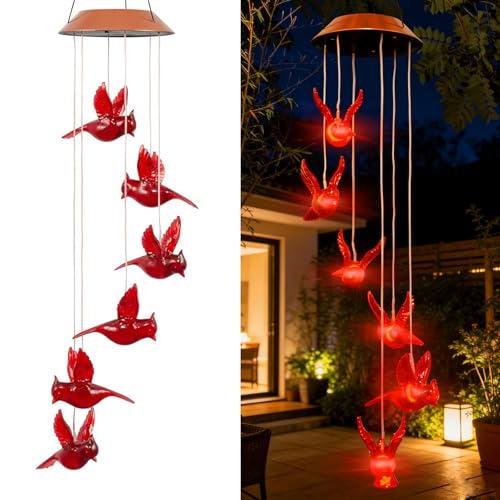 Cardinal Solar Wind Chimes, Cardinal Red Bird Solar Lights Outdoor | Mobile Hanging Wind Chimes for Outside Garden Yard Patio Porch Party Decor, Birthday Gardening Gifts for Mom Women Grandma
